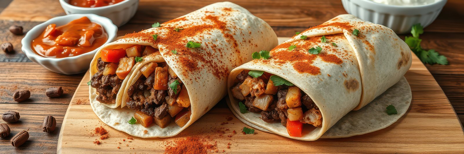 Freshly made burritos filled with grilled chicken and vegetables served on a wooden board
